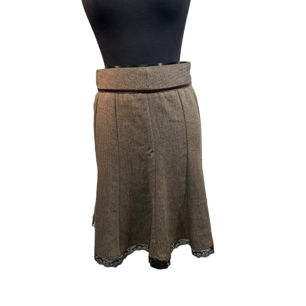 Tracy Evans Brown Herringbone Skirt With Lace Trim & Button Details Size 9